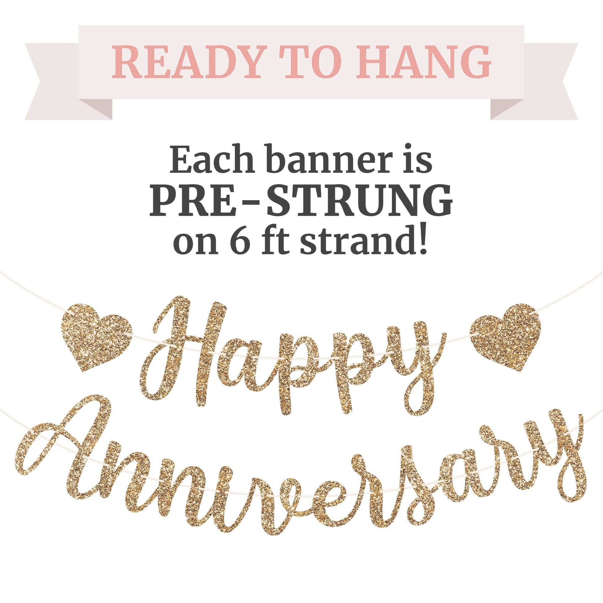 Pre-Strung Happy Anniversary Banner - Gold Glitter Anniversary Banner