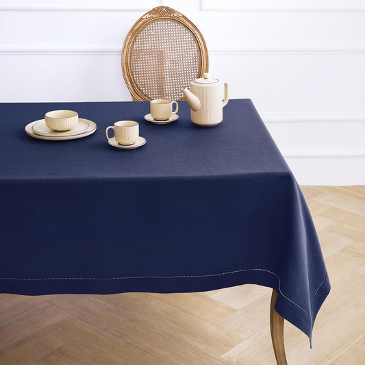Solino Home Linen Navy Blue Tablecloth 60 x 144 Inch - Classic Hemstitch, 100% Pure Linen Rectangular Tablecloth - Machine Washable Table Cloth for Fall, Autumn, Thanksgiving, Christmas, Holiday