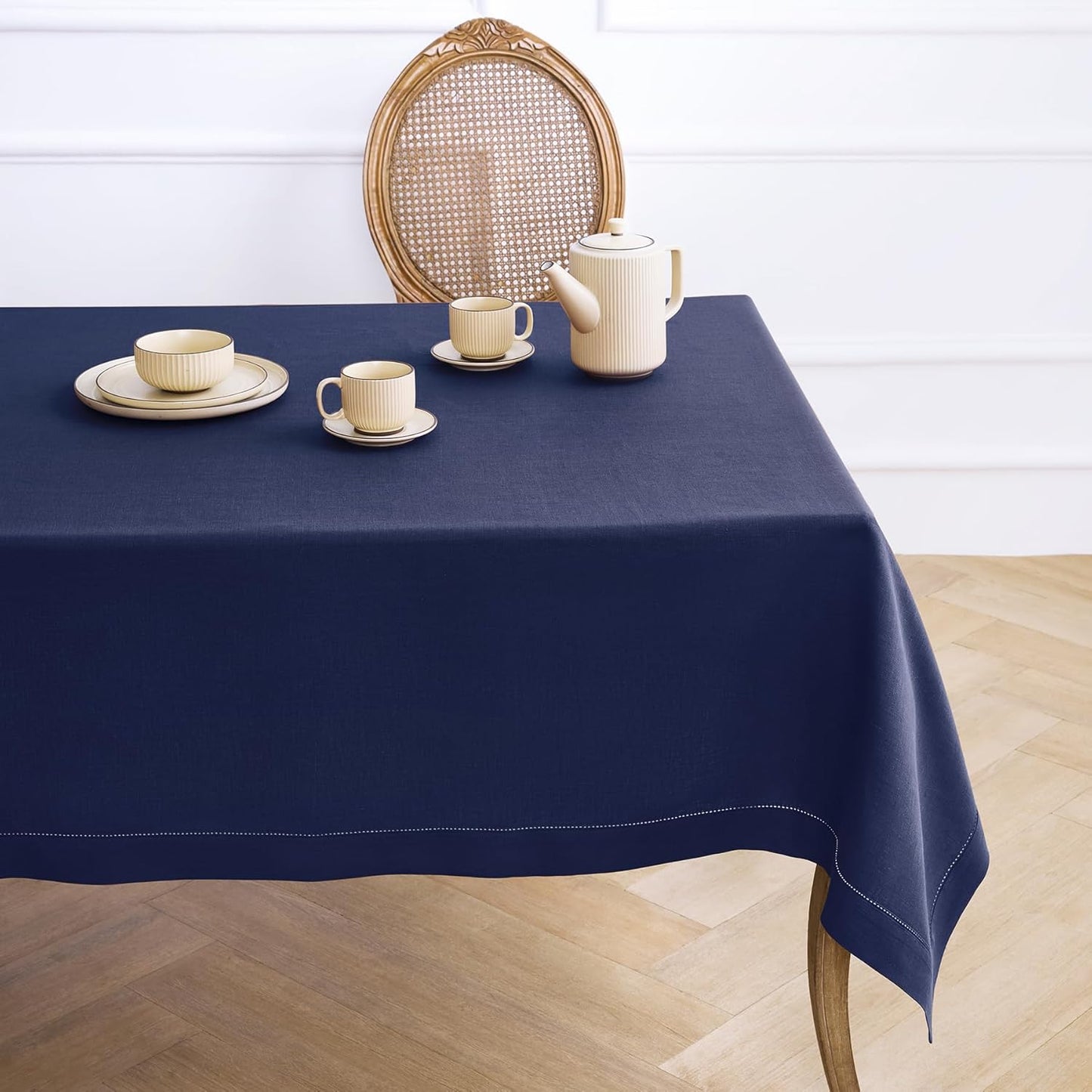 Solino Home Linen Tablecloth 60 x 108 Inch - Classic Hemstitch 100% Pure Linen Navy Blue Table Cloth for Rectangle Tables - Machine Washable Tablecloth for Fall, Thanksgiving, Christmas, Holiday