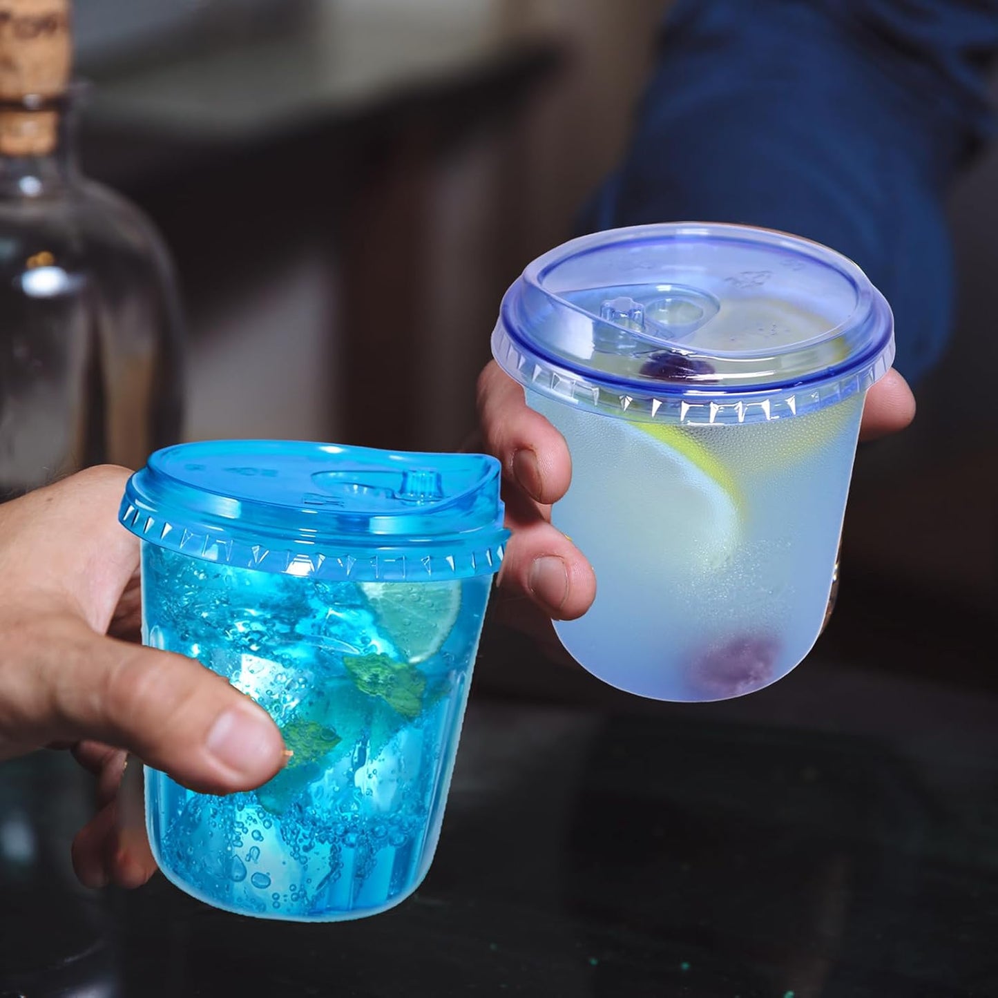 12oz Disposable Stemless Glasses With Strawless Sip Lids,PET Disposable Drinking Cups,Clear Plastic Wine Glasses for Parties Birthday,Wedding,Meeting,Christmas Party Supplies. (50, Blue)