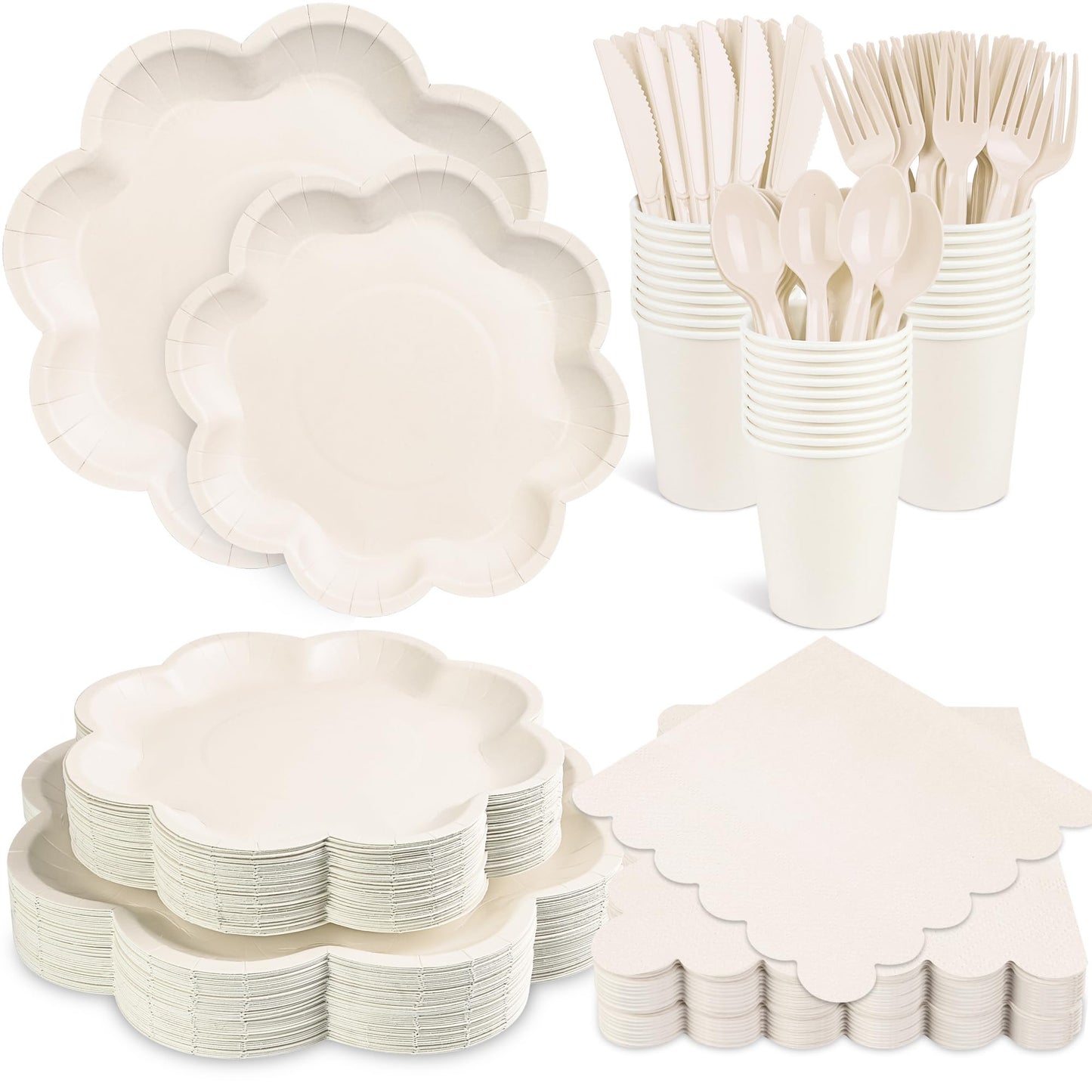 350 Pcs Party Plates and Cups and Napkins Ivory Scalloped Tableware Set