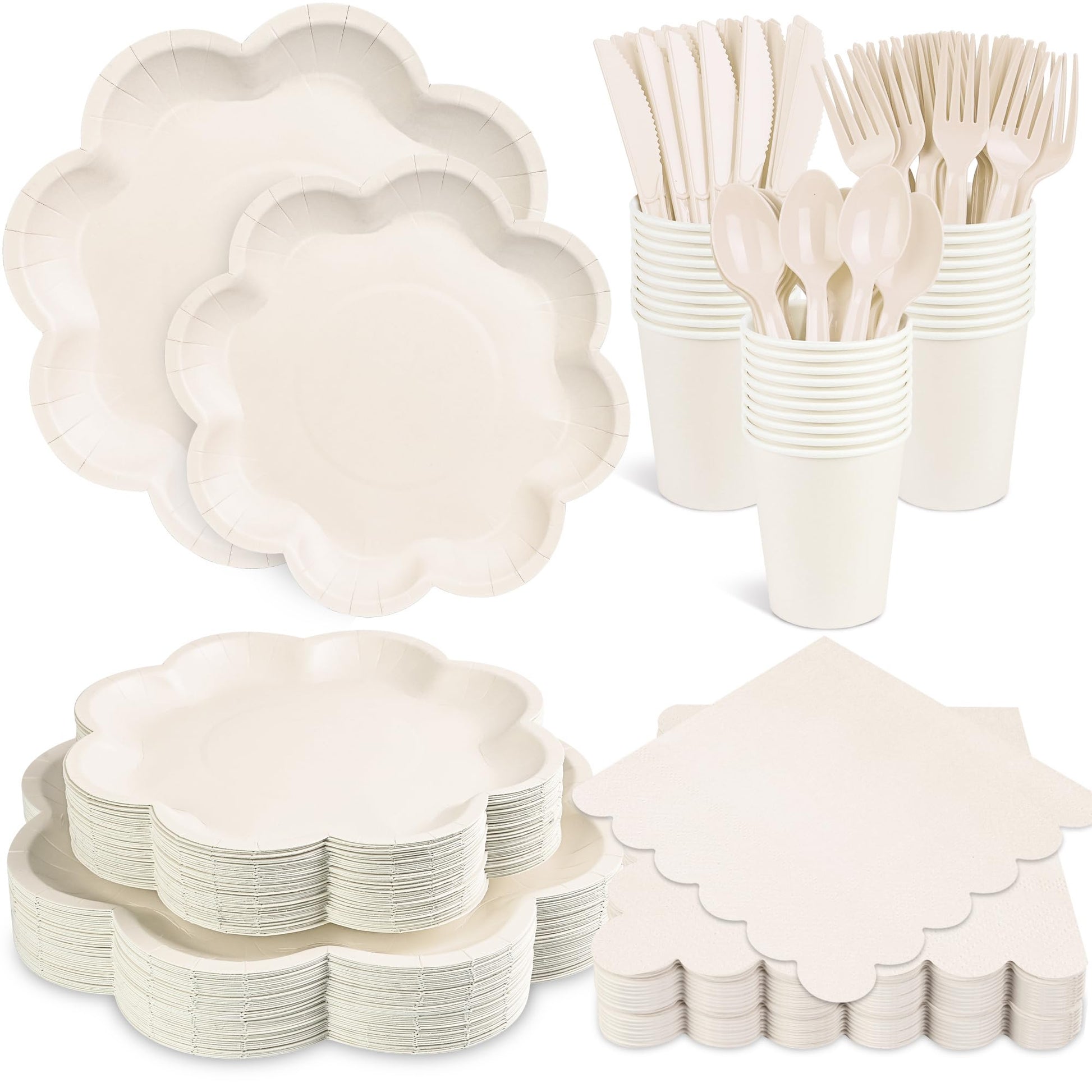 350 Pcs Party Plates and Cups and Napkins Ivory Scalloped Tableware Set