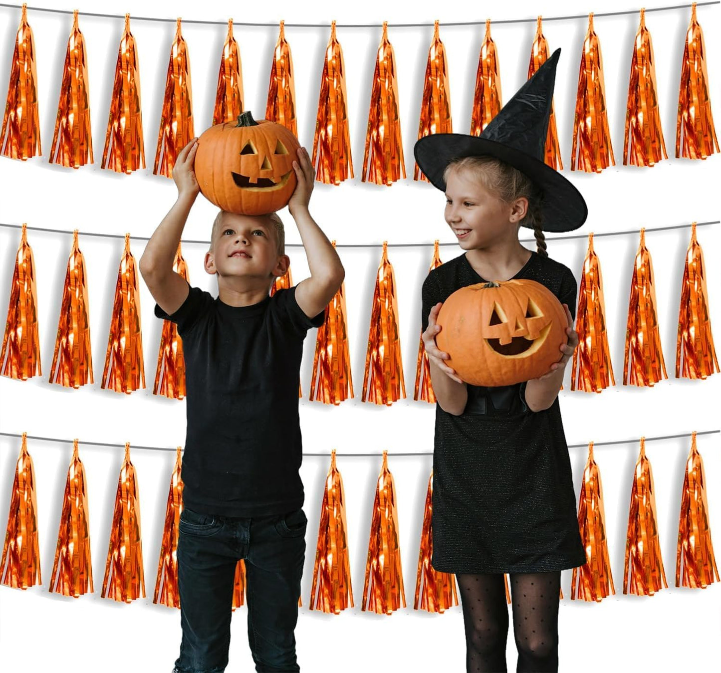 3P Metallic Fringe Tassel Banner Garland Foil Tinsel Streamer Wall Hanging Curtain Backdrop Banner for Parade Floats, Halloween Decorations, Christmas Day, Fall, Thanksgiving Party Decoration(Orange)