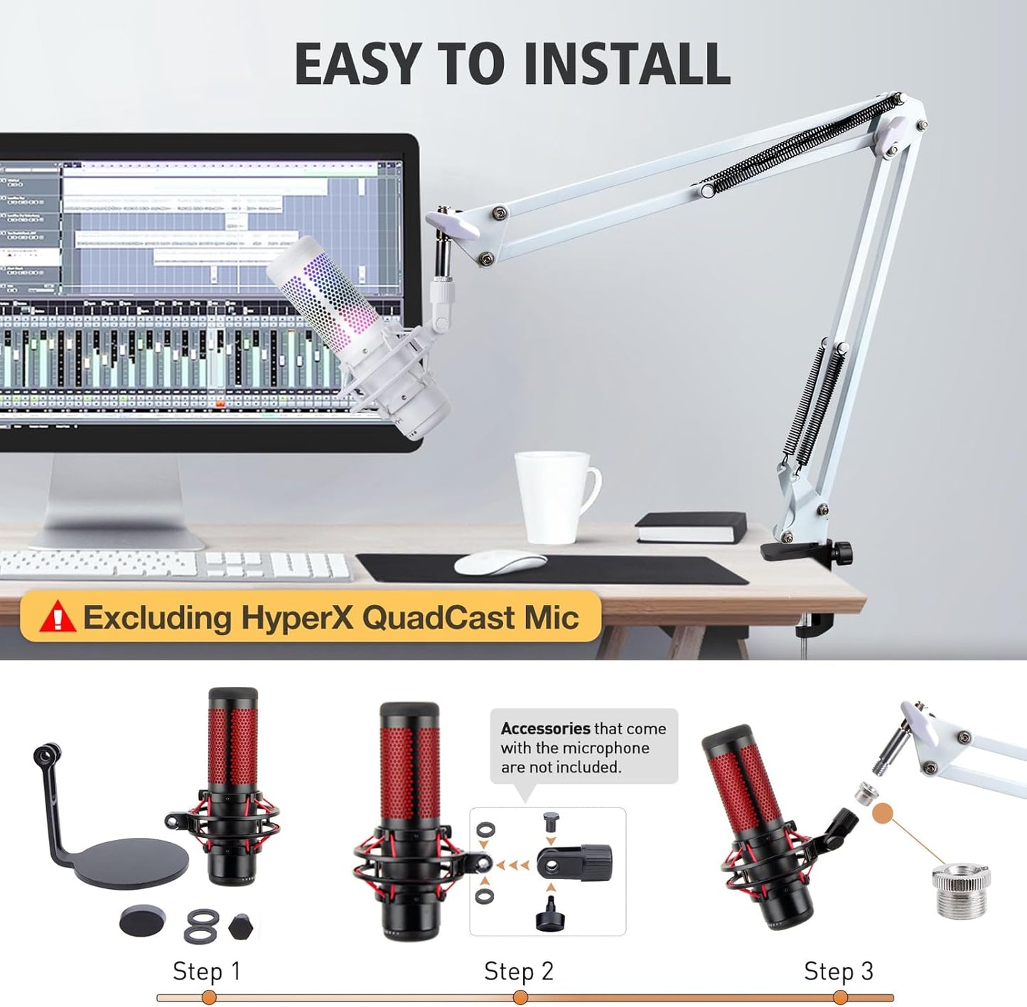 For HyperX QuadCast S White Boom Arm - White Mic Arm Compatible with Hyper x QuadCast, Microphone Boom Arm with Pop Filter, Improve Sound Quality, Mic Boom Arm for Hyperx QuadCast by SUNMON