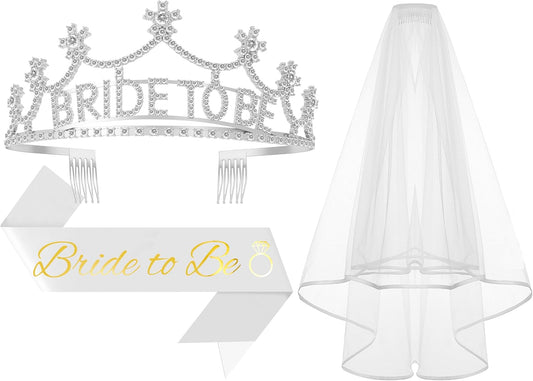 3Pcs Bride to Be Crown with Sash and Veil for Bachelorette Party Decorations，Bridal Shower Accessories for Gift, Favors