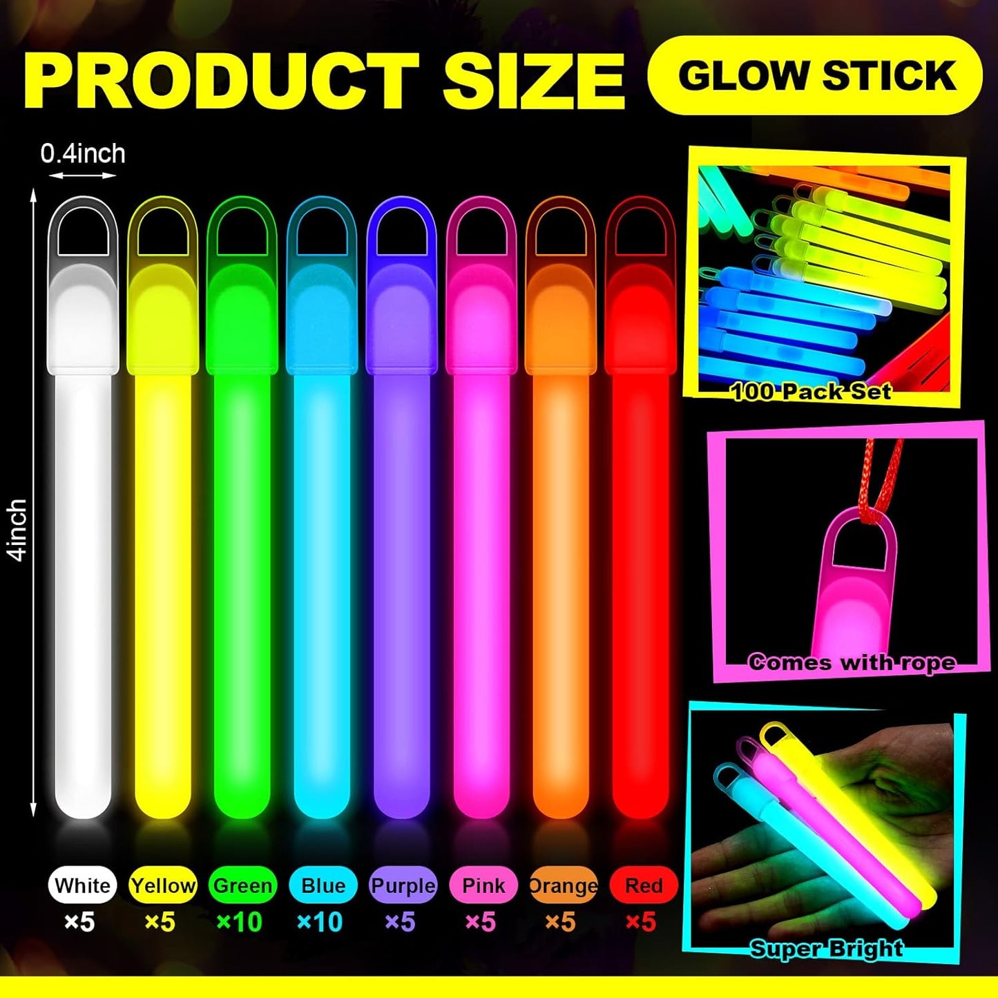 Lewtemi 50 Set 4'' Glow Sticks Bulk, Hallowee Glow in The Dark Party Supplies, Emergency Light Sticks with Lanyard, for Birthday, Light up, Neon, Halloween Theme Party Favors