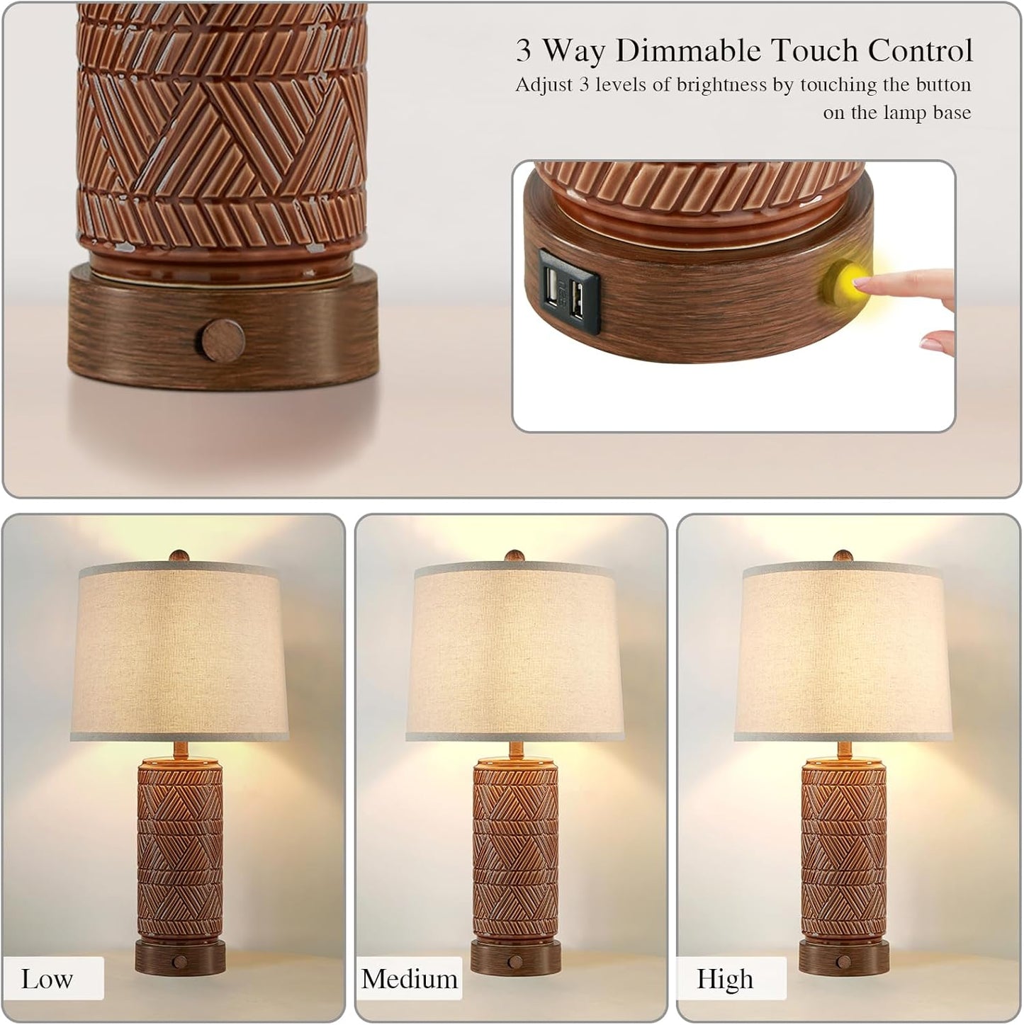 RORIA Set of 2 Vintage Touch Table Lamps for Living Room, 3 Way Dimmable Nightstand Lamp with 2 USB Port, Farmhouse Rustic Boho Ceramic Desk Lamps for Bedroom End Table, Bulbs Included