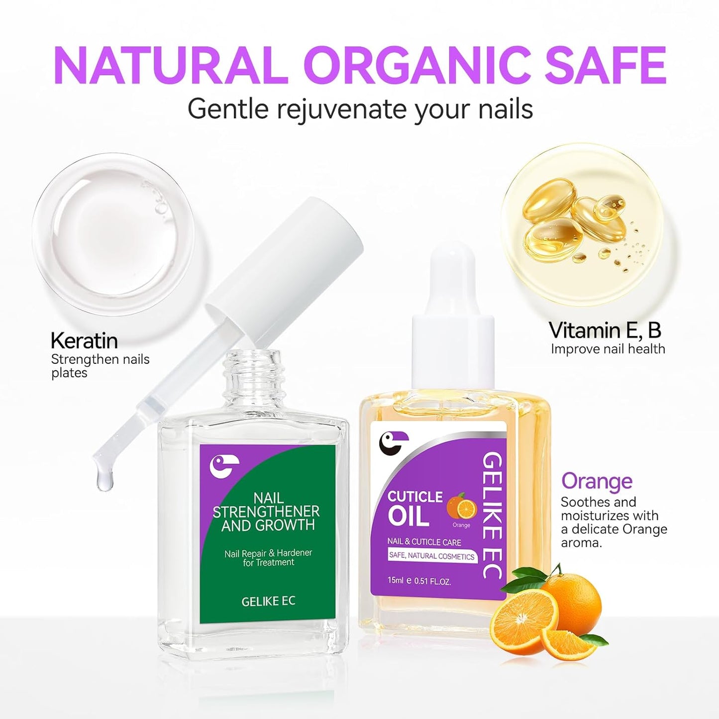 Nail Strengthener & Cuticle Oil Kit: Orange & Clear (15ml) - Protein Nail Hardener for Weak Nails - Vitamin E Enriched - Fast Growth & Repair - Salon & Home Use