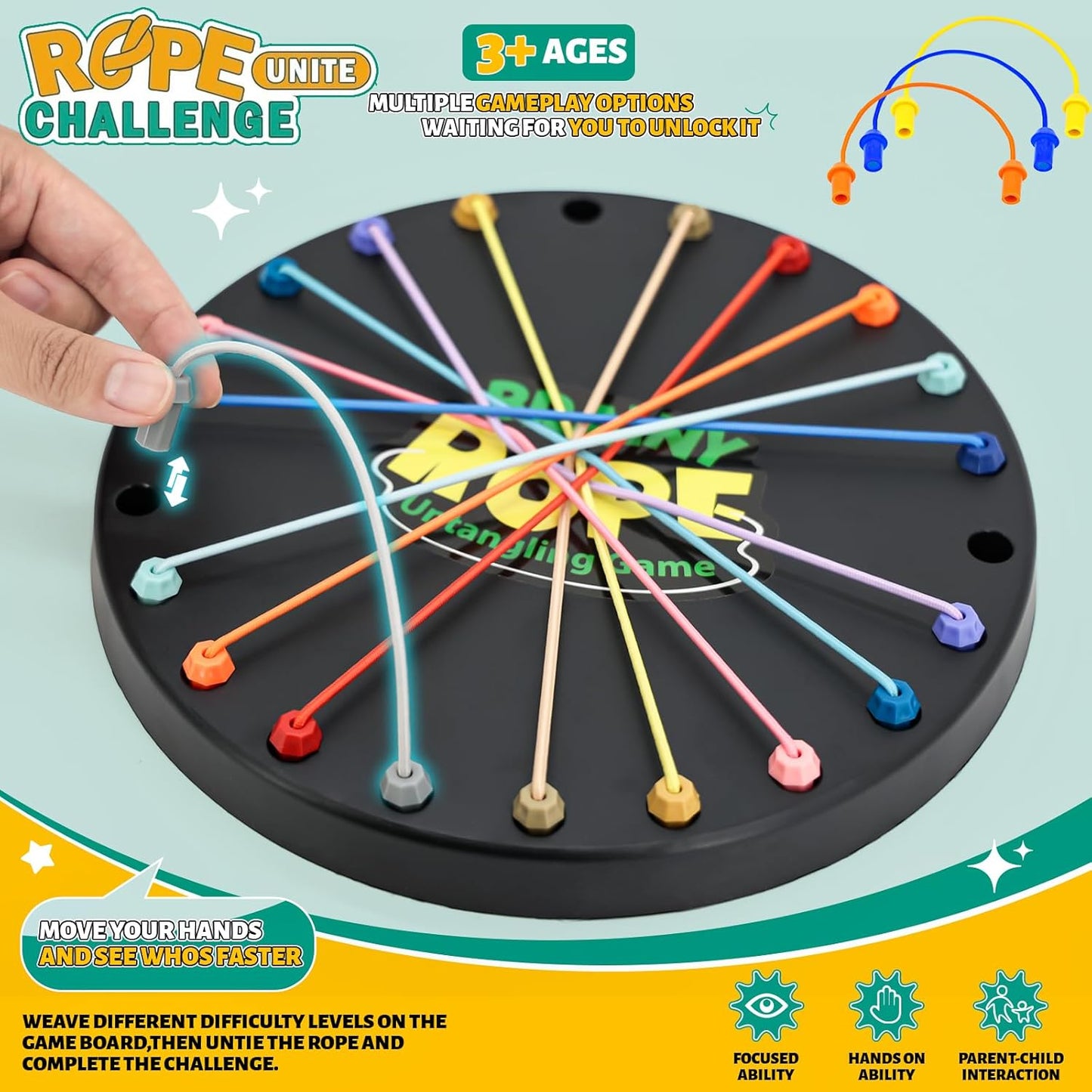 Brainy Knots Rope Untangling Game, Stress Relief String Solution Central Lacing Toys with Multiple Difficulty Levels for Family Parent-Child Interaction, Travel & Parties (Black)