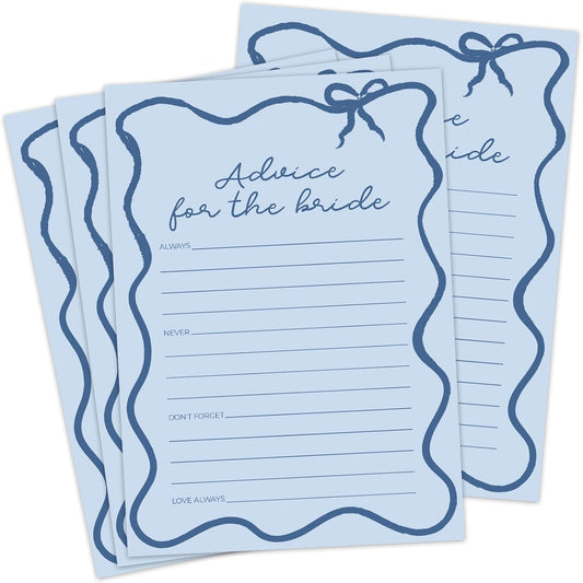 DEEKA 30 PCS Bridal Shower Games Card for 30 Guests Blue Wavy Border Ribbon Bow Funny Wedding Bachelorette Party Games for Reception (Advice for The Bride)
