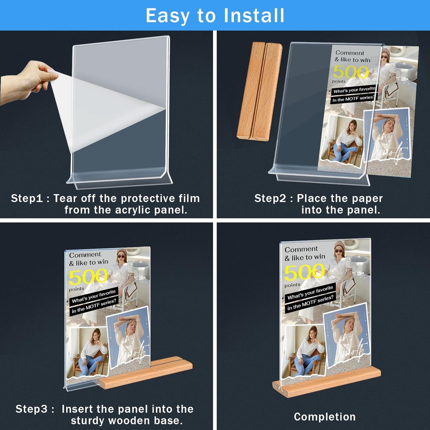 Kersally Acrylic Sign Holder 5 x 7, 4 Pack Double-Sided Clear Table Display Stands with Wood Base,Vertical Acrylic Frame Menu Flyer Paper Holder for Stores, Restaurants, Hotels, Office, Show Fair