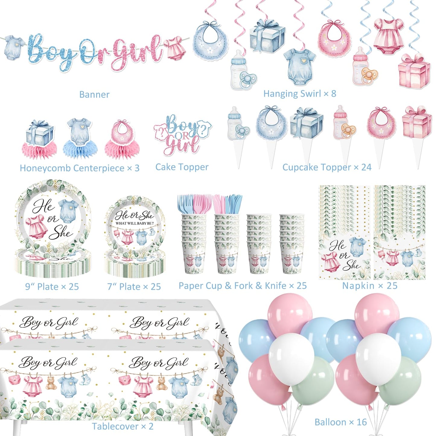 Yingoto 215PCS He or She Gender Reveal Decorations Serves 25
