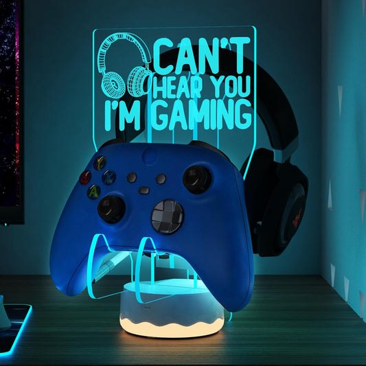 Light Up Headset and Controller Stand, 16 Colors 3D LED Lights Gamepad Headphone Holder with Remote Control, Game Controller Hanger for All Universal Gaming PC Accessories