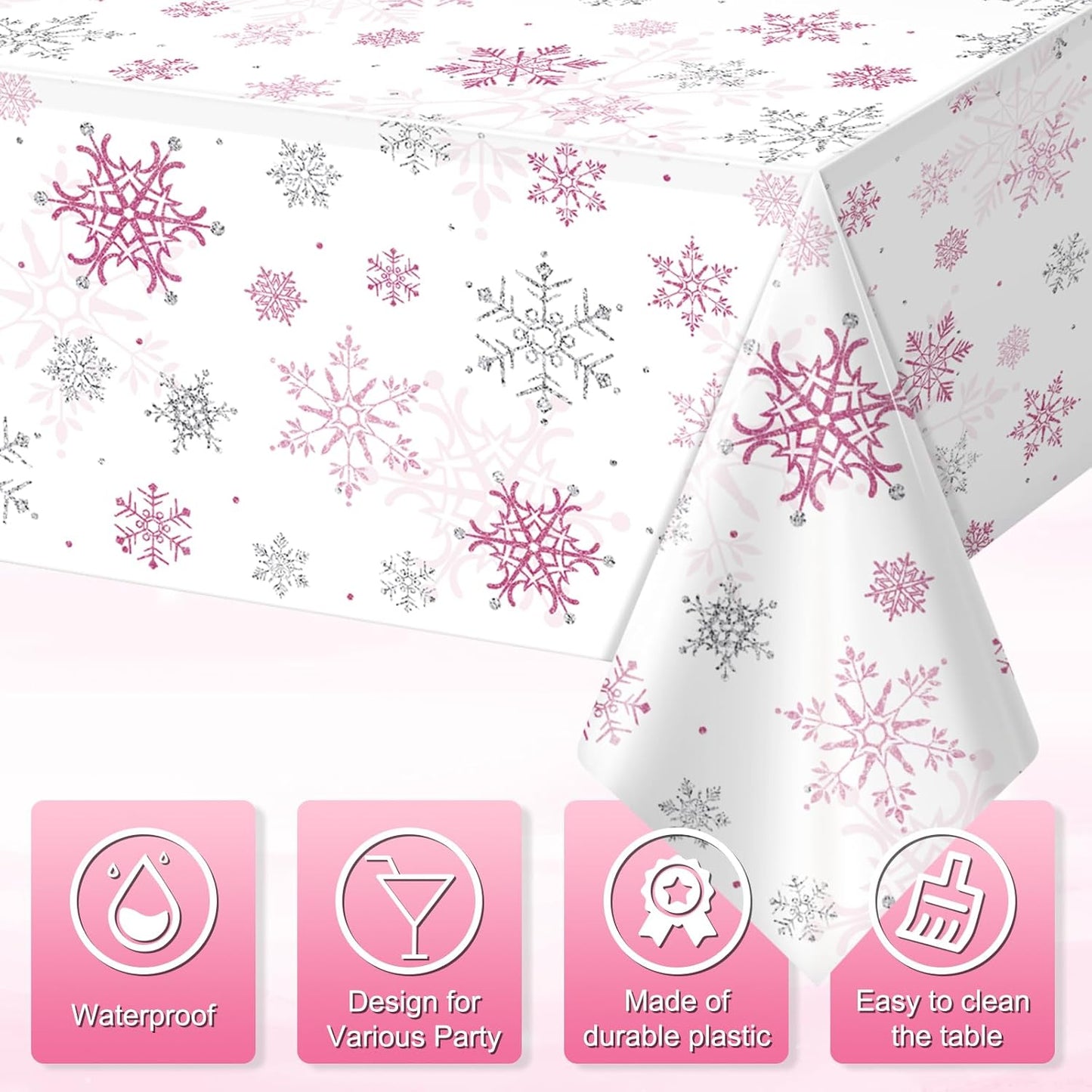 6 Pcs Christmas Snowflake Party Tablecloths Decorations,Plastic Pink Winter Onederland Rectangle Table Cover for Christmas New Year Girls 1st Birthday Baby Shower Holiday Party Decorations,54x108 inch