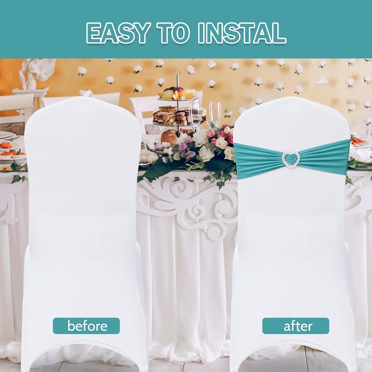 Howhic Pack of 60 Spandex Chair Sashes Bows Stretch Chair Cover Band with Buckle Slider Universal Elastic Chair Ties for Wedding Banquet Party Event Decoration (Turquoise)