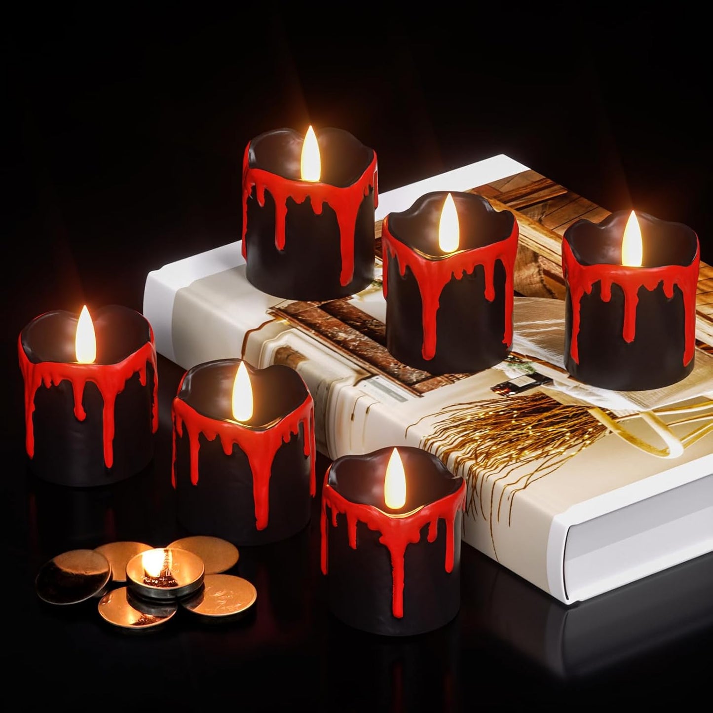 Halloween Black Votive Candles Battery Operated with Long Lasting CR2450 Batteries, LED Flameless Flickering Candles with 6H Timer, 6Pcs Black and Red Drip Wax Candle Gothic Home Decor