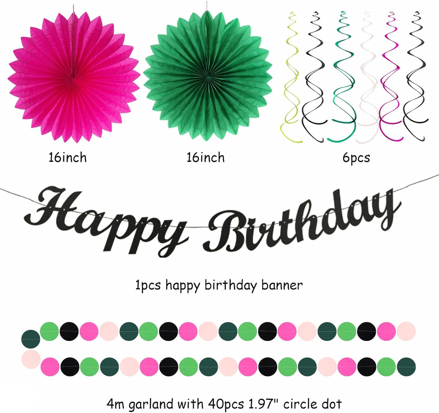 Green Hot-Pink Black Summer-Hawaiian Birthday Decorations - 21pcs Girls Woman Happy Party Banner Garland,Tropical Beach Pool Paper Streamers Lanterns,Flower Tissue Pom Poms Fan Supplies Decor Huglony