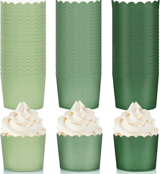 Whaline 120Pcs Sage Green Paper Baking Cups Scalloped Edge Cupcake Wrappers Gradient Green Cupcake Muffin Cases for Wedding Birthday Baby Shower, 3 Colors