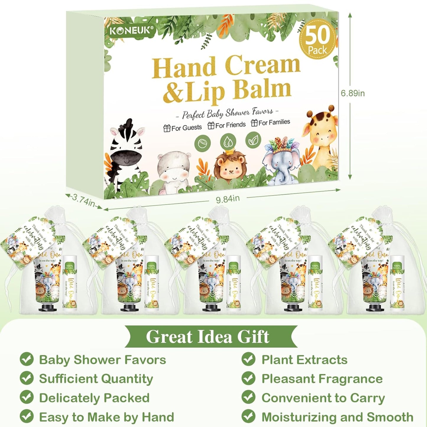 50 Pack Bulk Hand Cream and Bulk Lip Balm Gifts Sets, Baby Shower Favors and Bridal Shower Favors for Guests with Thank You Card and Organza Gift Bags, Birthday Gifts, Appreciation Gifts (Animal)