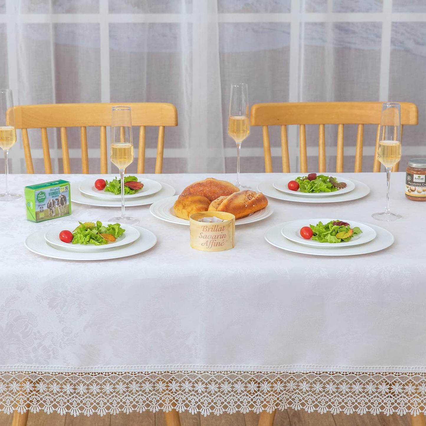 White lace Premium Rectangle Farmhouse Tablecloth Waterproof OilProof SpillProof AntiShrink Soft Wrinkle Resistant Decorative Fabric Table Cover Kitchen Dinning Party Wedding Banquet