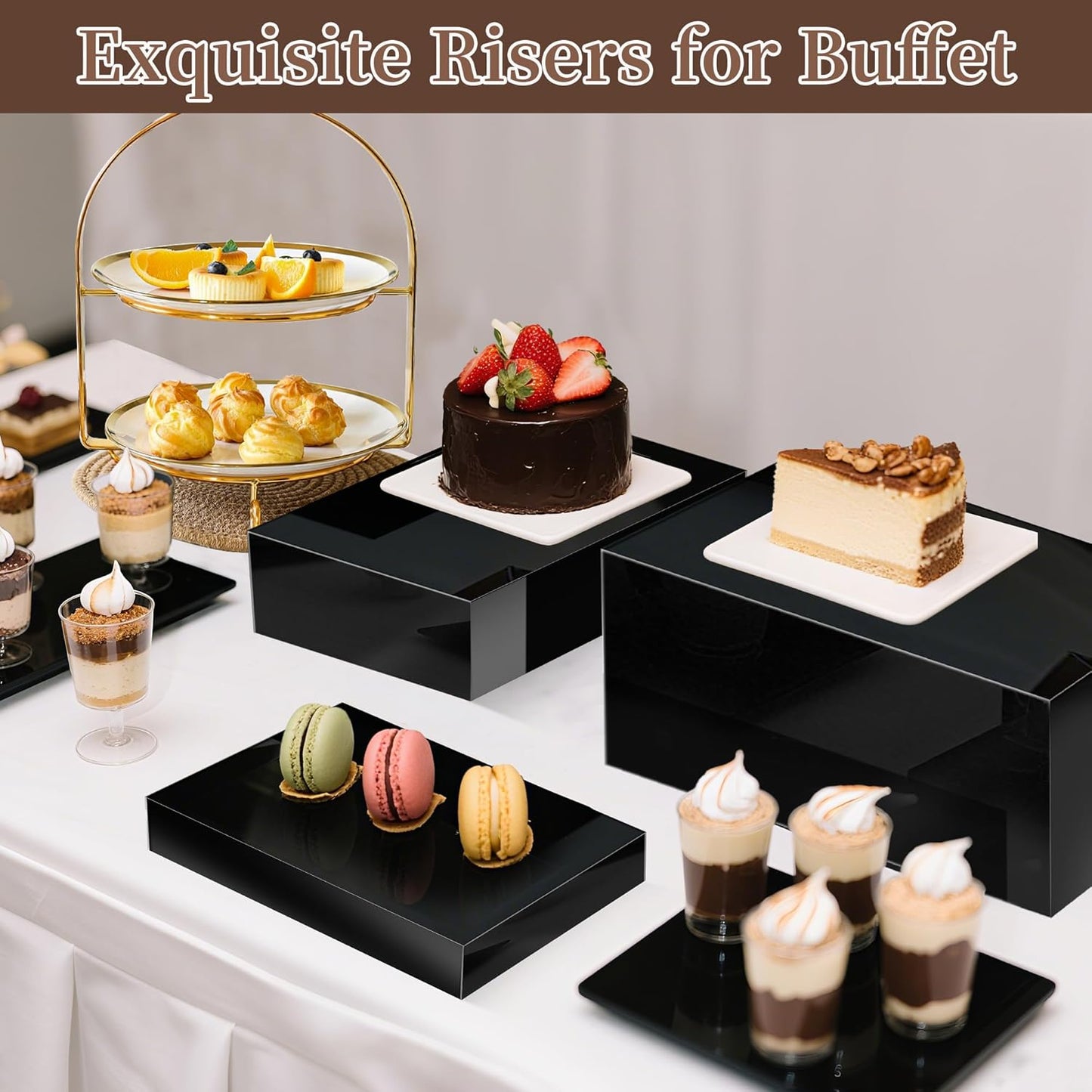 Extra Large Buffet Risers Set, 10" 12" 14" White Acrylic Food Risers for Buffet Table, Display Stand Shelf with Hollow Bottoms for Catering Dessert Collectibles Jewelry Figures Show(Black)