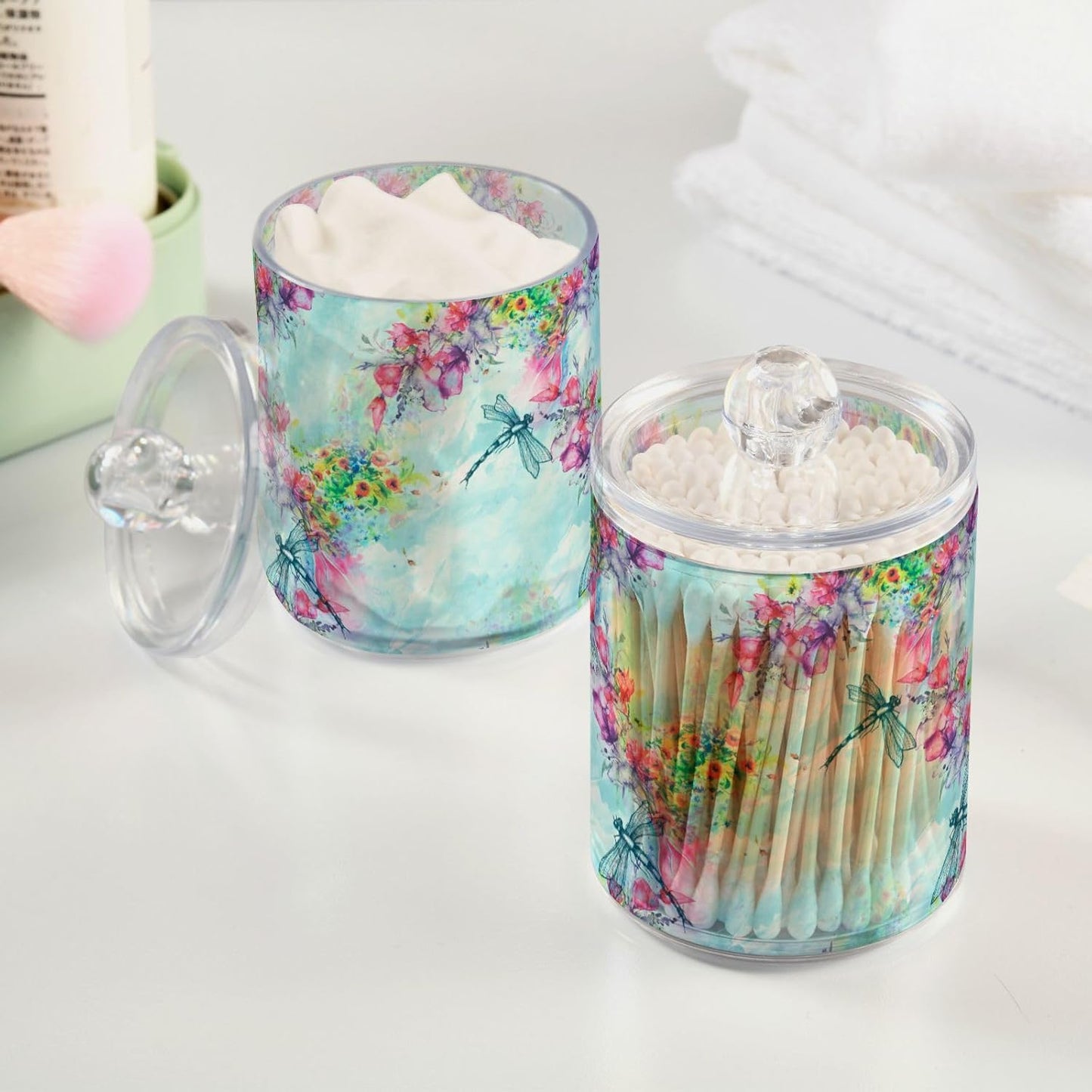 Gredecor Qtip Holder Dispenser 4 Pack Watercolor Flowers Dragonfly Apothecary Jars with Lids Bathroom Vanity Countertop Canister Storage Organizer for Cotton Ball,Swabs,Pads,Floss