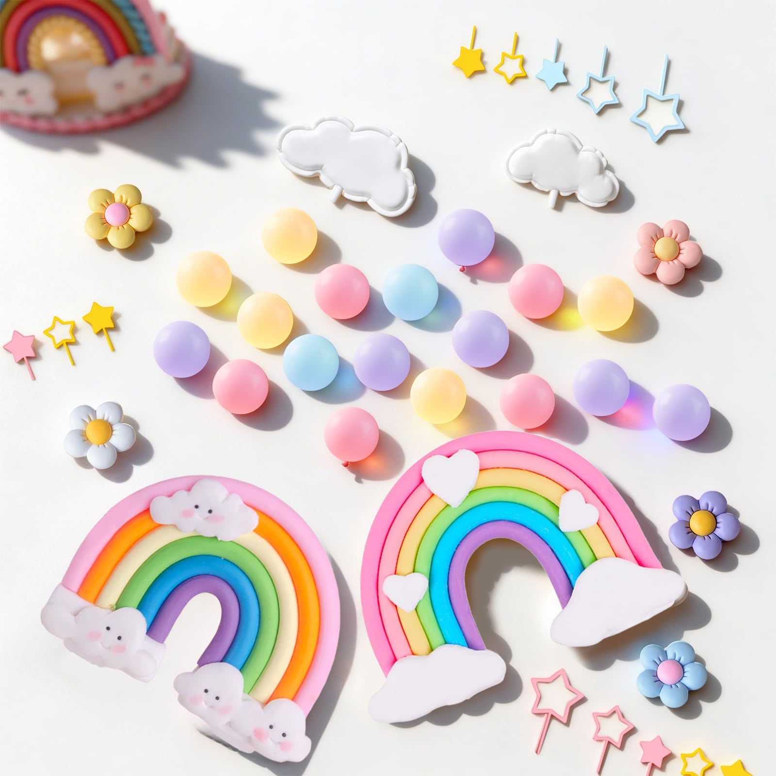 39 Pcs Rainbow Cake Topper with Pastel Balls and Daisy Flowers