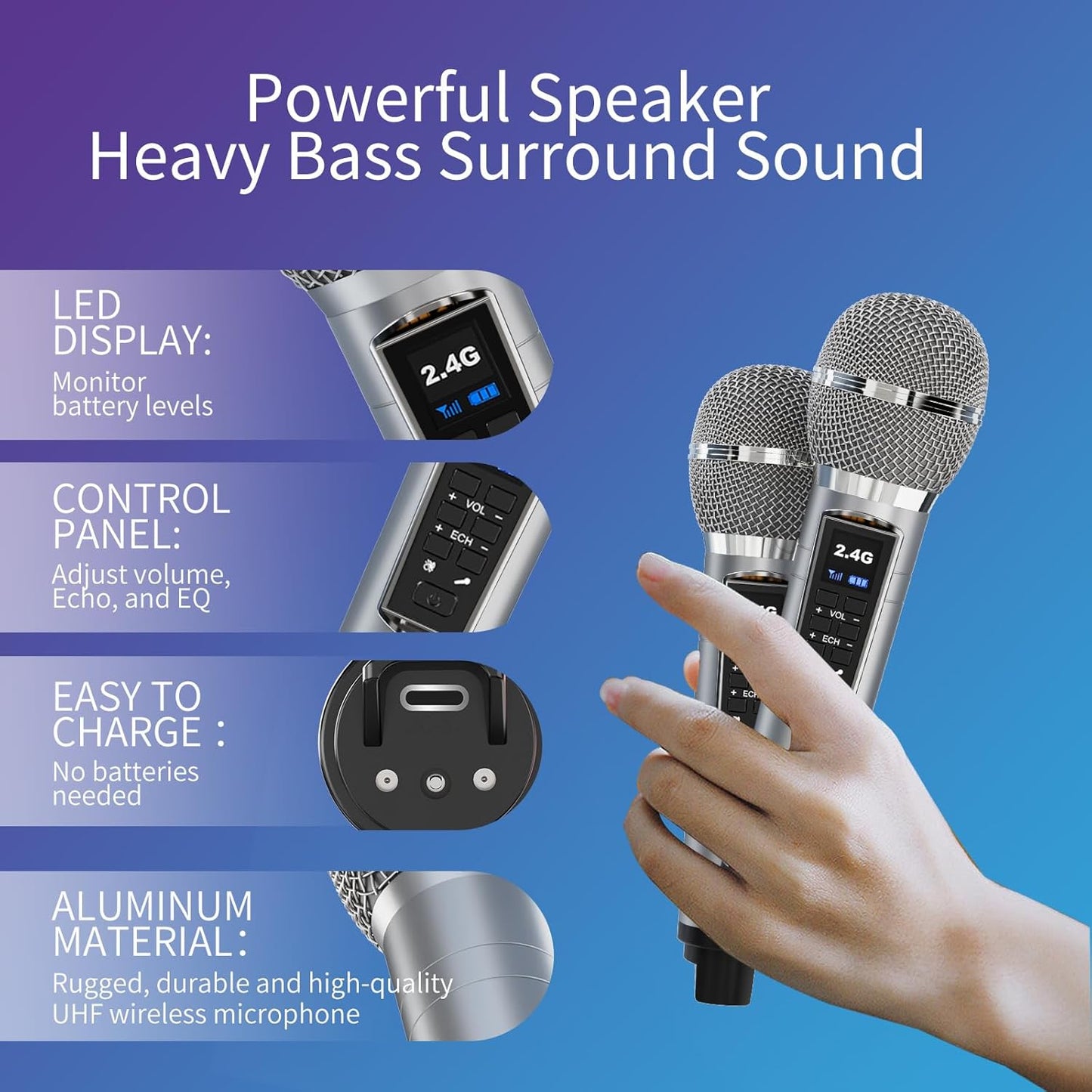 Karaoke Machine for Adults and Kids with 2 UHF Wireless Microphones,Portable Bluetooth Speaker PA Speaker System with LED Party Lights for Home Party, Picnic,Car,Outdoor/Indoor/Birthday Gifts