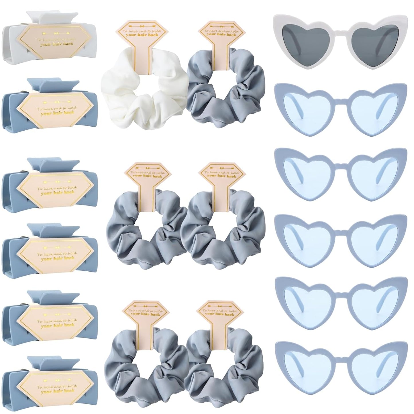 18pcs Bridesmaid Scrunchies Proposal Gifts Bachelorette Hair Claws Clips Girls heart sunglasses for Wedding Party Favors(White&Blue)
