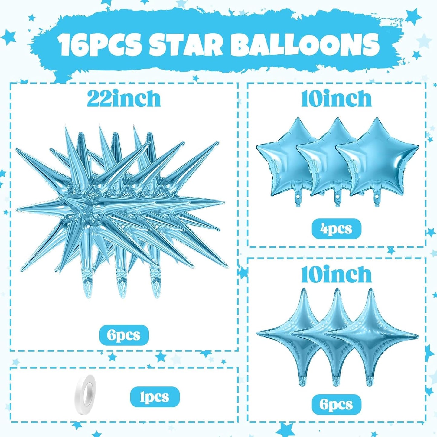 Blue Star Balloon,16Pcs Light Blue Star Foil Balloons Set with 22Inch Explosion Spike Cone Balloons and 10Inch Quadrangle Helium Balloon for Birthday Wedding Baby Shower Party Decorations