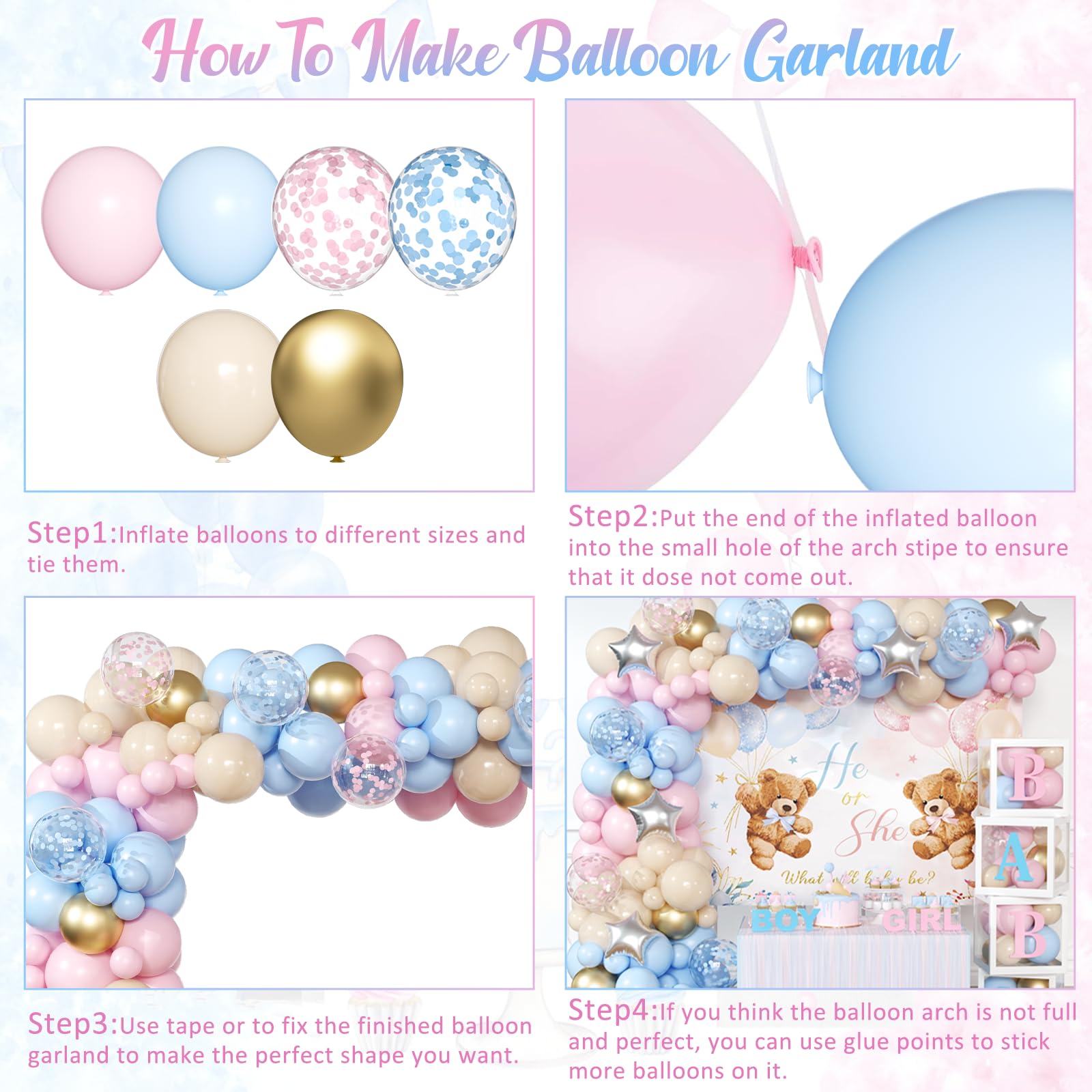 Bear Gender Reveal Decorations - 158pcs Pink Blue Balloon Garland Kit, 4pcs Baby Boxes With
