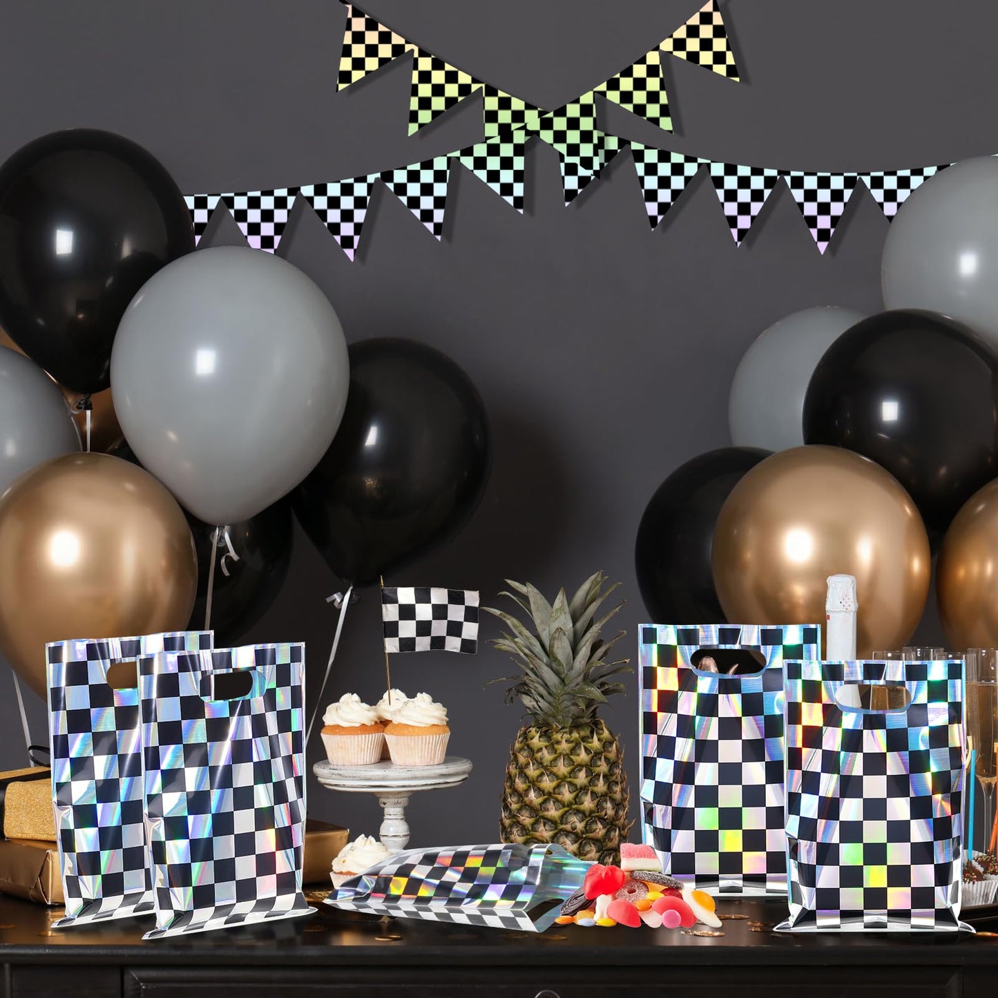 FunnyPars 50 Pcs Iridescent Checkered Race Car Party Favor Bags