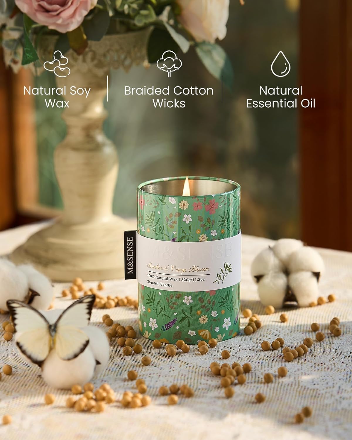 M&SENSE Bamboo Orange Blossom Scented Candle, Medium Jar Candle 11.3oz Natural Soy Wax for Home Scented, Floral Candles Gift for Spring Holiday, Up to 70 Hours Burning Long-Lasting Fragrance