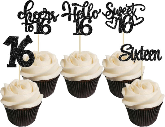 30pcs 16th Birthday Cupcake Toppers - Sixteen Happy Cupcake Picks, Cheers to 16 Sweet 16 Cake Decorations for 16th Birthday Party Supplies - Black Glitter