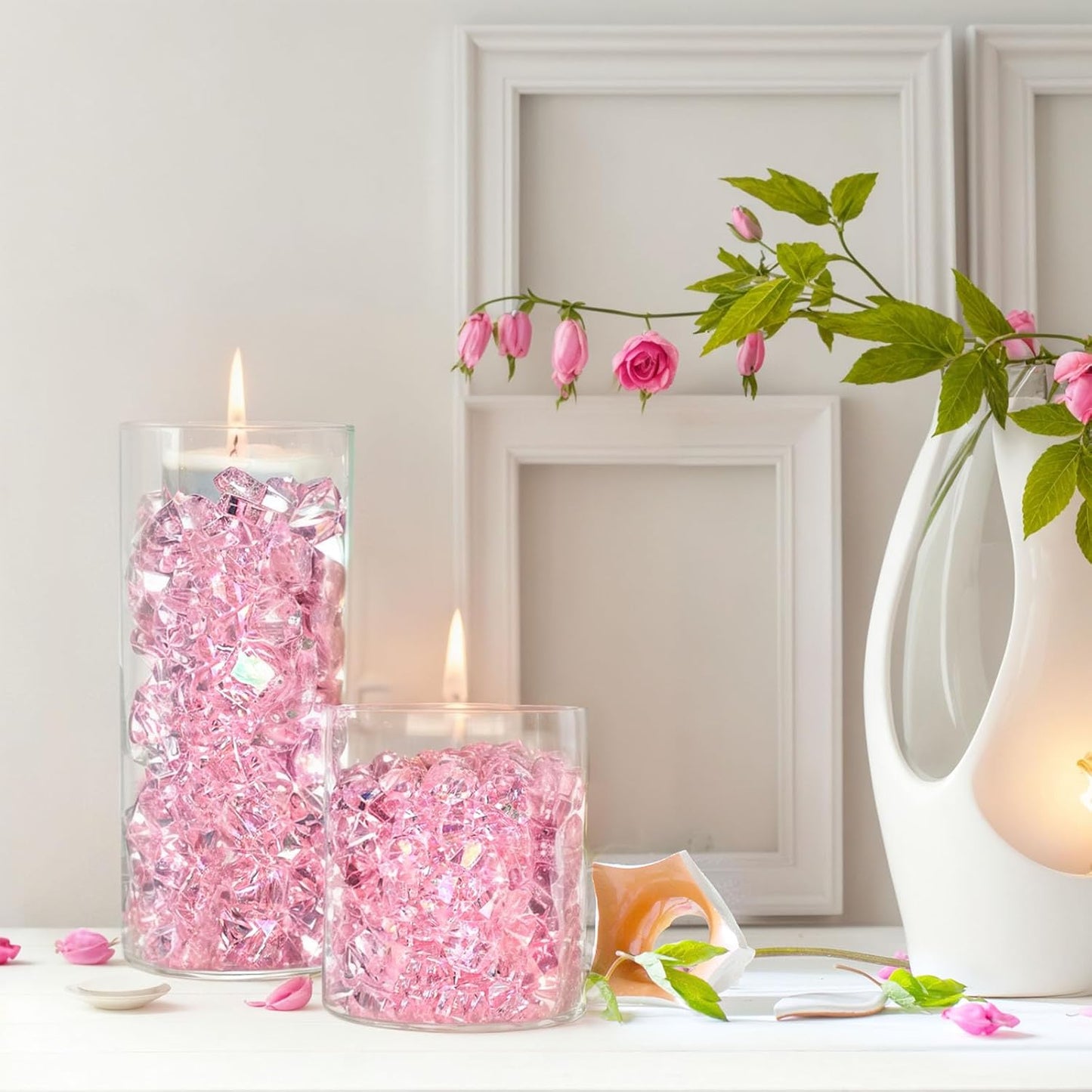 DomeStar Dazzling Pink Ice Rocks, 180PCS Holographic Acrylic Crushed Ice Sparkling Fake Diamonds Holographic Plastic Gems for Vases Fillers Table Scatter Decoration