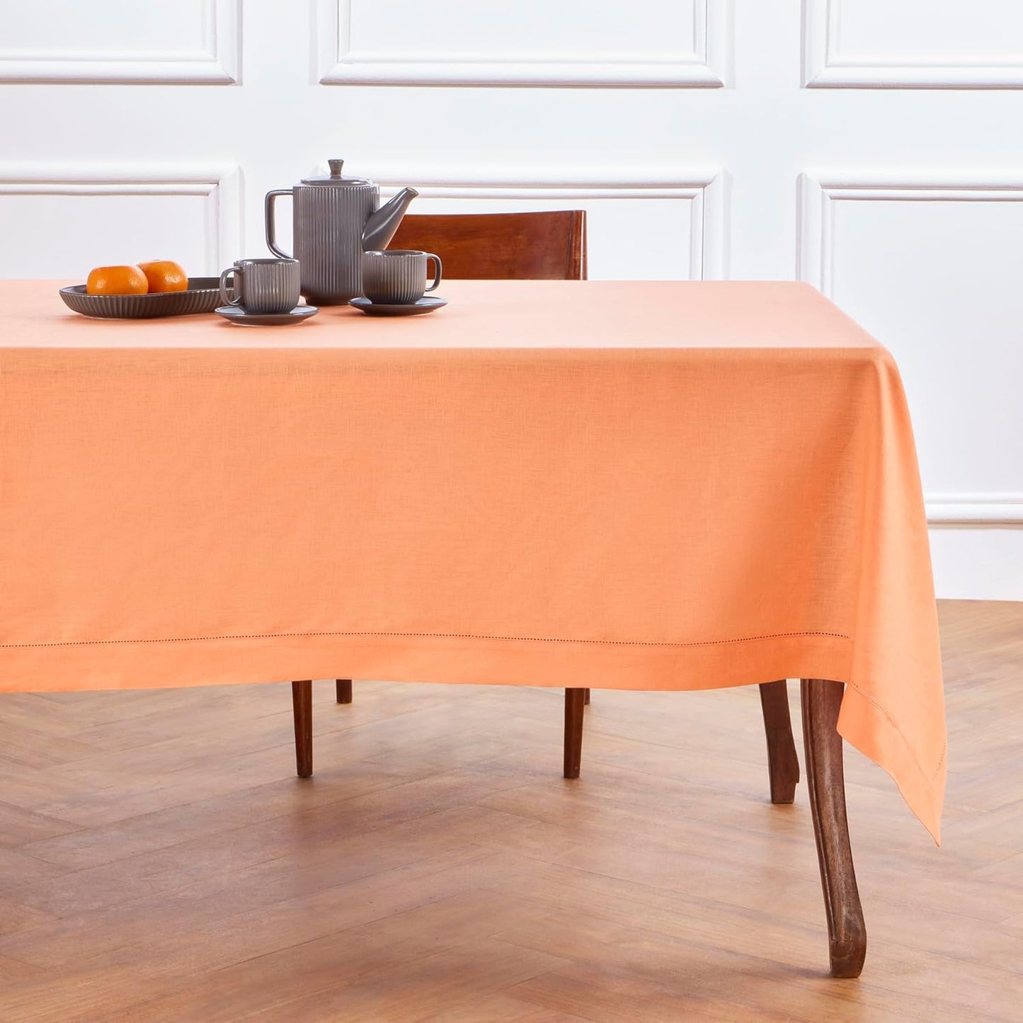 Solino Home Linen Tablecloth 60 x 132 Inch - Classic Hemstitch 100% Pure Linen Coral Table Cloth for Rectangle Tables - Machine Washable Tablecloth