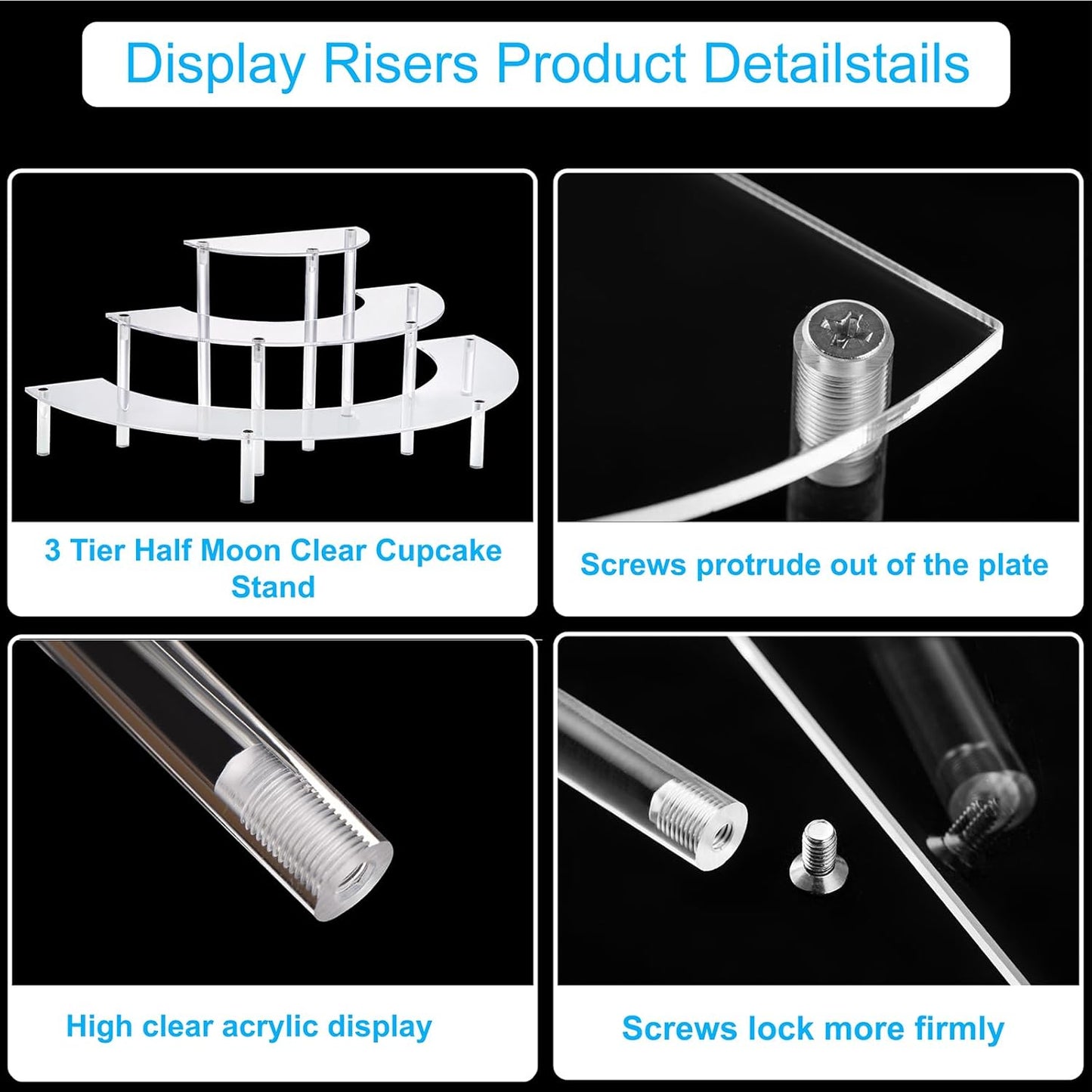Acrylic Display Riser - 3 Tier Clear Cupcake Stand, Perfume Organizer, Half Moon Dessert Stand, Shelf for Food, Amiibo Funko POP Figure Display