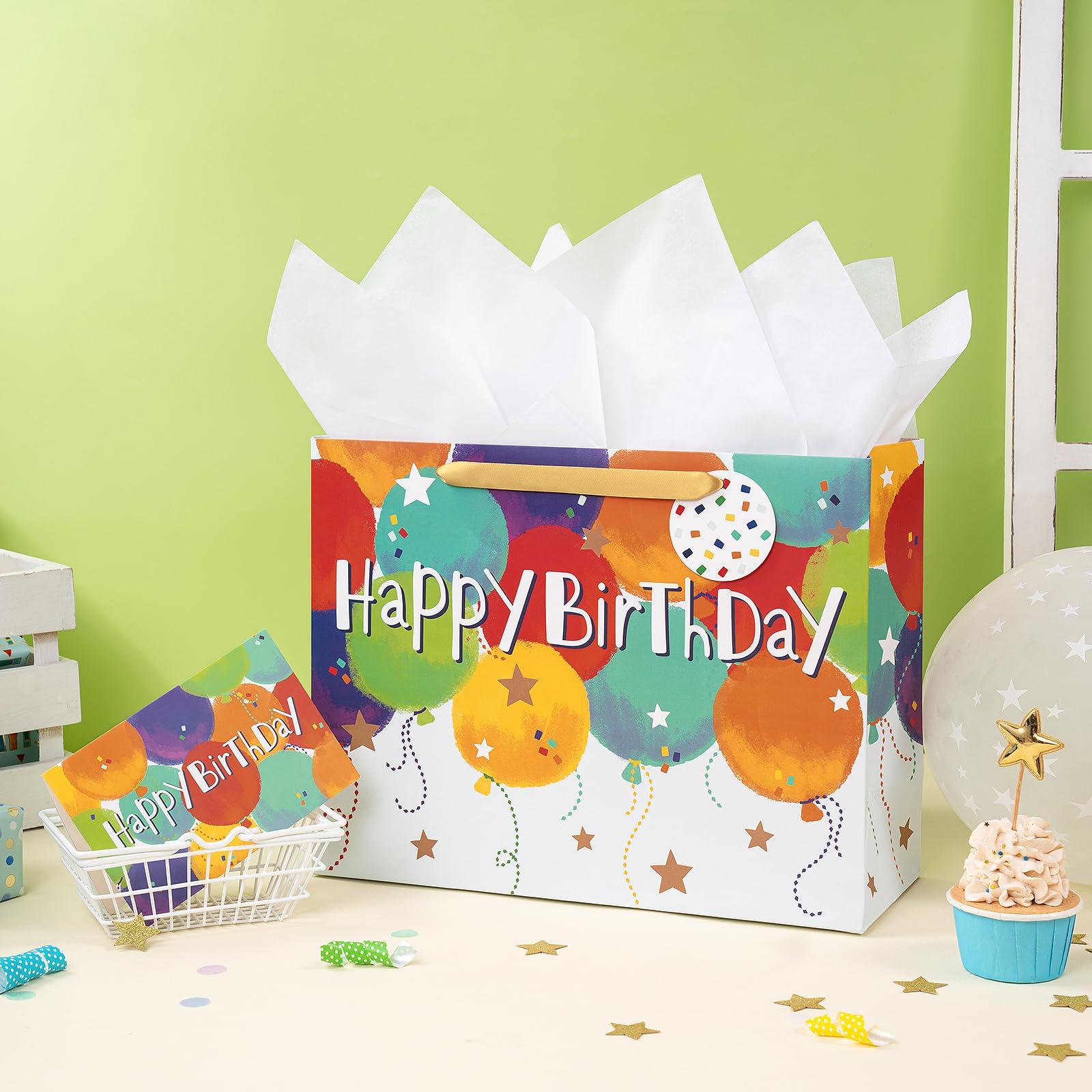 Loveinside Colorful Birthday Gift Bag, Balloons Pattern with HAPPY BIRTHDAY Text, Matching Tissue
