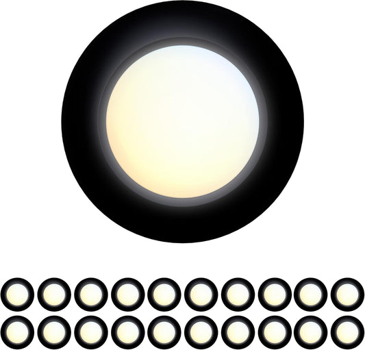 20 Packs 4 Inch Black LED Low Profile Recessed & Surface Mount Disk Light, Round, 10W, 600 Lumens, 5CCT Field Selectable, CRI80, DOB Design, Dimmable, ETL Listed