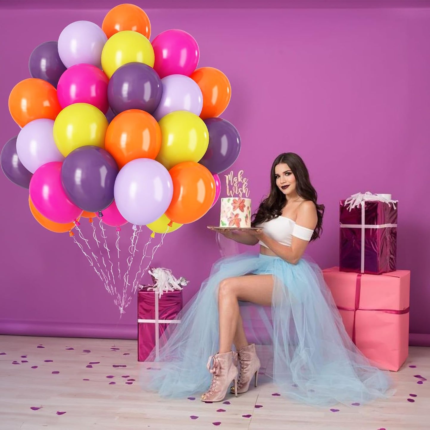 Rainbow Balloon Set, 60Pcs 12 Inch Lavender Macaron Pastel Purple Yellow Orange Neon Fuchsia Hot Pink Colorful Balloons Birthday Decor for Hawaiian Fiesta Princess Party Baby Bridal Shower Decorations