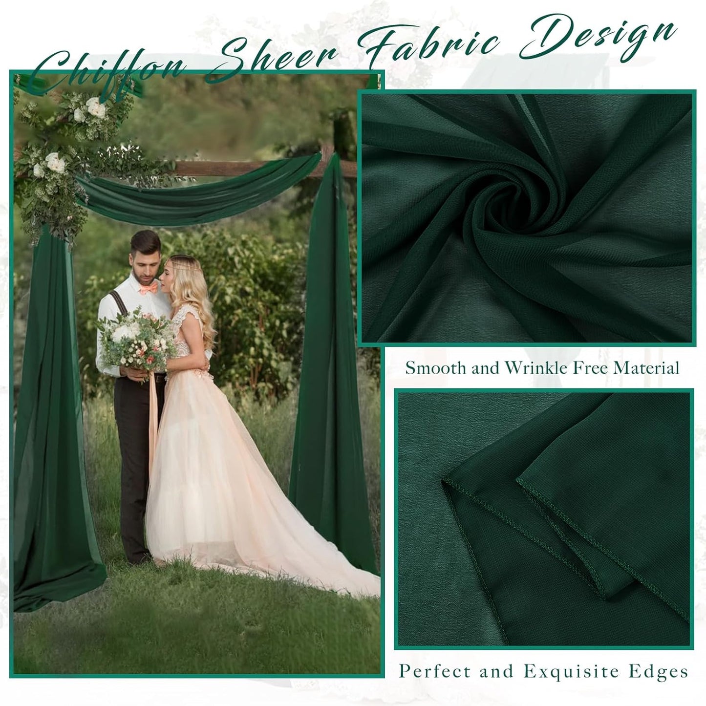 Emerald Green 4 Panels Wedding Arch Draping Fabric 20Ft Length x 28" Width Arch Drapes Chiffon Fabric Sheer Curtains Backdrop for Party Bridal Decorations Wedding Ceremony Stage Reception Decor