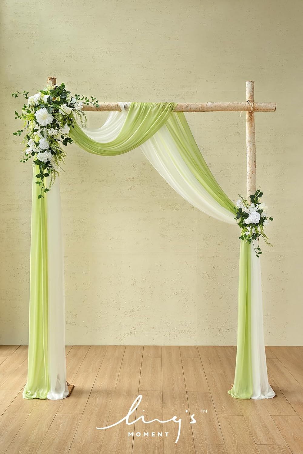 Ling's moment Wedding Arch Flowers Kit Pack of 4, 2pcs Hanging Artificial Flower Arrangements 2pcs Chiffon Drapes, Spring Ceremony Reception Fake Rose Arbor Backdrop Floral Outdoor Decor, White Green