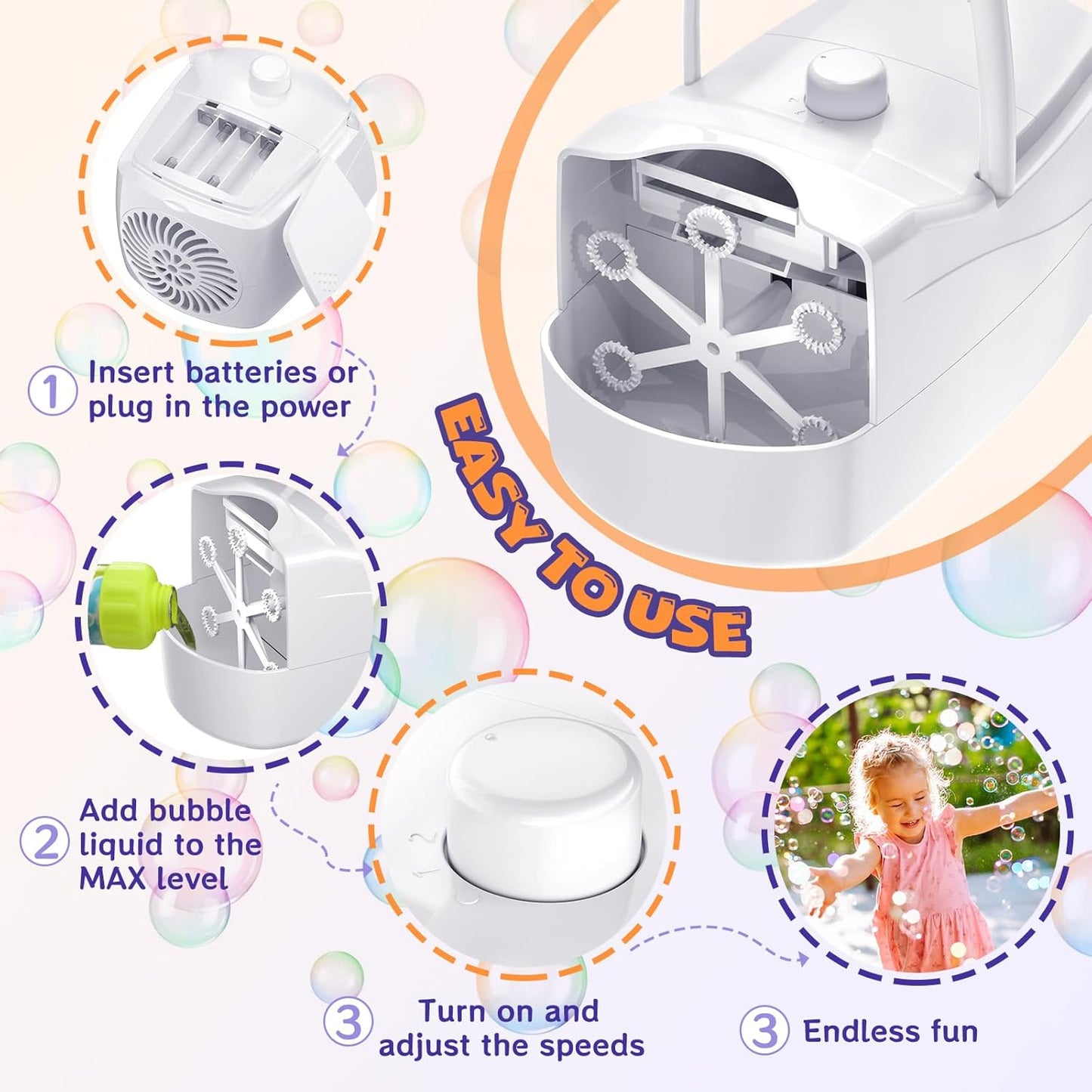 Bubble Machine, Automatic 18000+ Per Minute Big Bubbles Blower Maker for Kids Toddlers with 2 Speeds,6 Wands,Operated by Plugin or Batteries for Outdoor/Indoor Birthday Parties,Wedding (White)