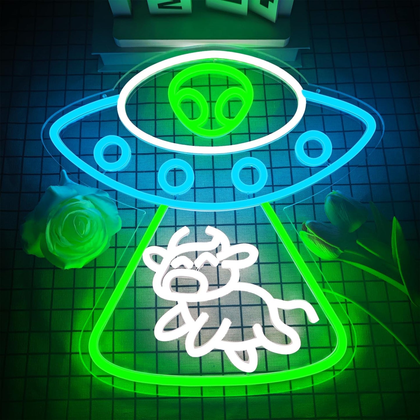 Alien Neon Sign Dimmable UFO Neon Signs for Wall Decor Bedroom Man Cave Alien Spaceship Cow Neon Sign for Kids Birthday Gift