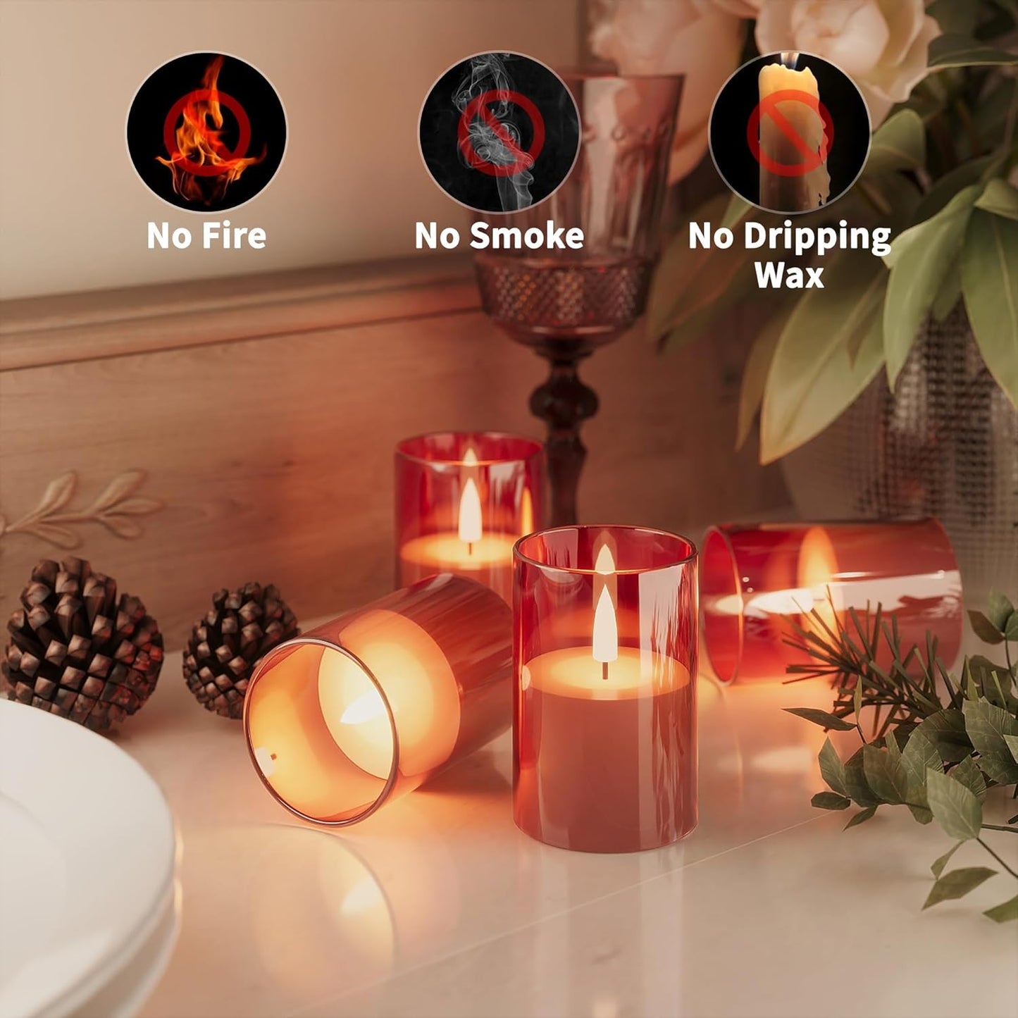 6Pack Flickering Flameless LED Candles with Timer, Battery Powered - Small Pillar & Votive, Red (2"X3")