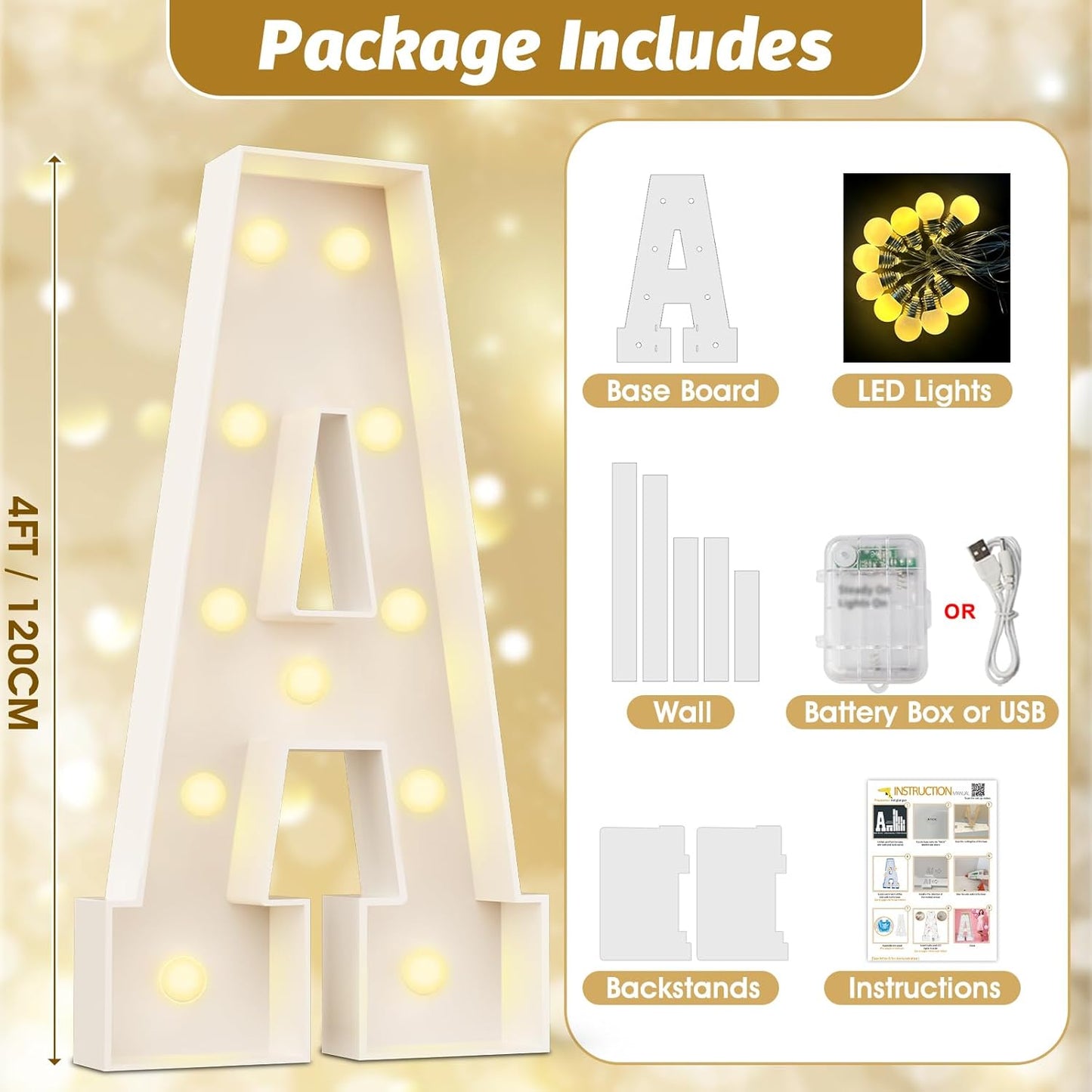 Ledido 4FT Marquee Light Up Letters Large Light Up Letters for Party Decoration, Marquee Letter for Birthday Graduation Baby Shower Wedding, Pre-cut Foam Board Assembly Required Letter N