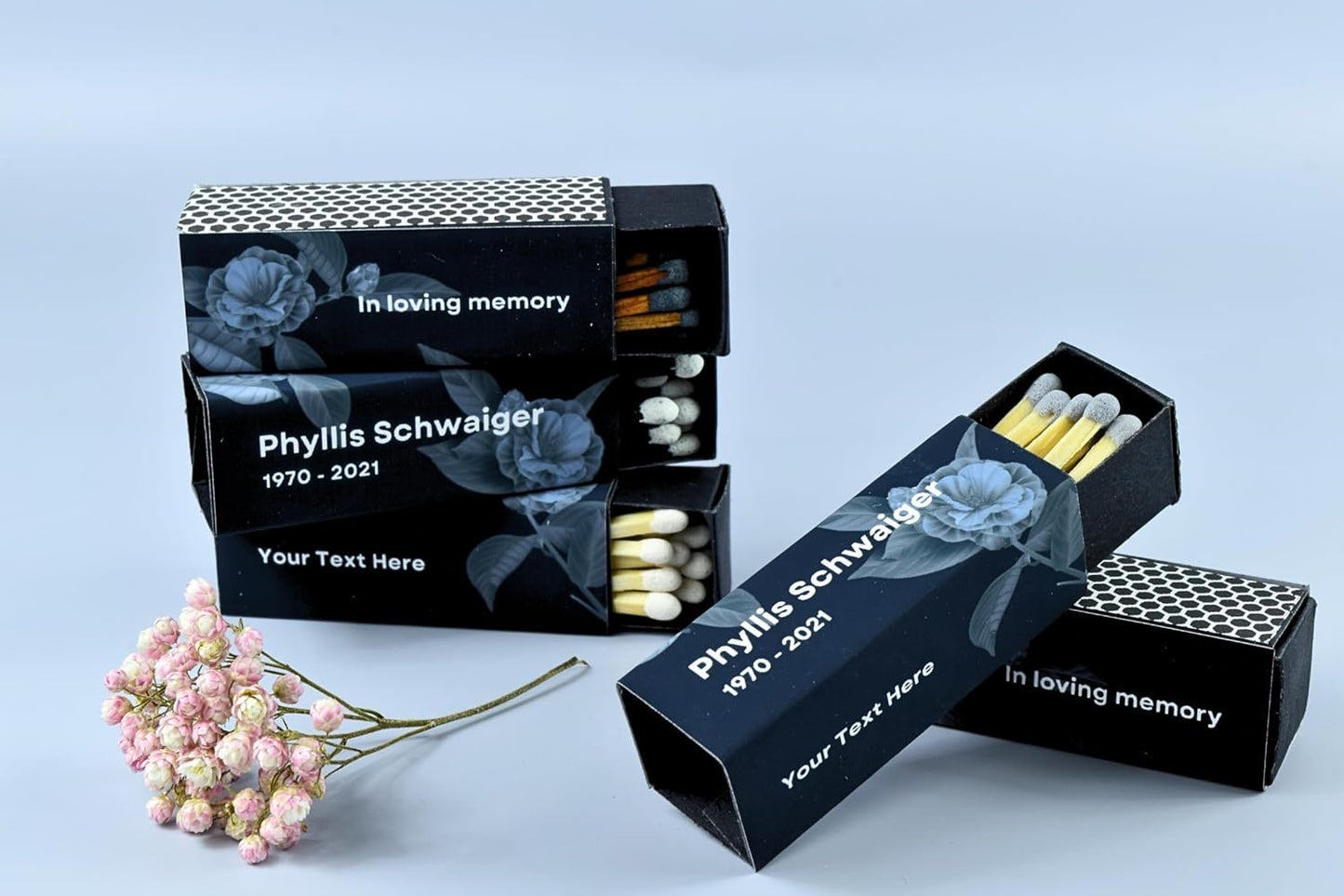 Customizable Funeral Matchboxes – Set of 10 – Memorial Design – Colorful Matchsticks – Perfect for Funeral Services & Remembrance (2" Matchsticks, Remembrance #1)