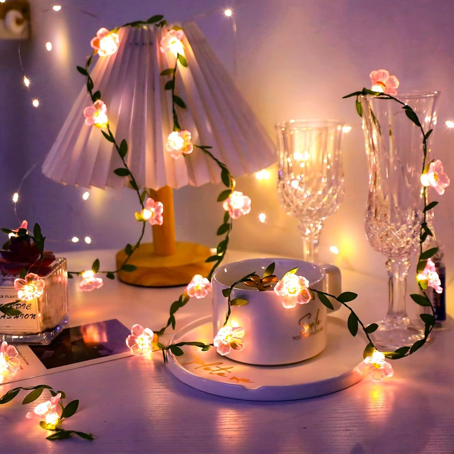 Decorative Fairy Vine Flower String Lights With Leaf, USB Plug In 16.5ft 50 LED Pink Cherry Blossom Garland Spring Decorations for Bedroom Wall Wedding Birthday Christmas Hanging Decor (Warm White)