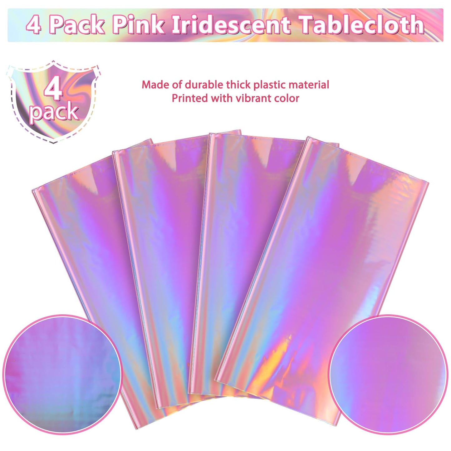 4 Pack Iridescent Pink Plastic Tablecloths, FunnyPars Shiny Disposable Laser Rectangle Table
