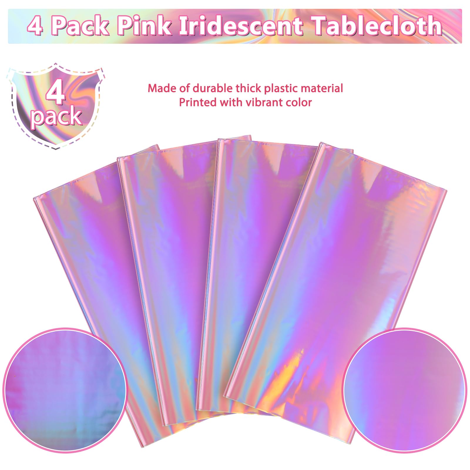 4 Pack Iridescent Pink Plastic Tablecloths, FunnyPars Shiny Disposable Laser Rectangle Table